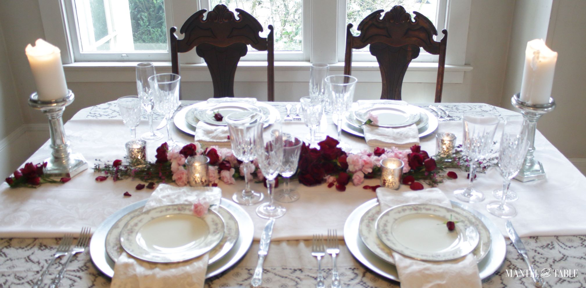 Valentines Tablescape Double Date ~ Four place settings on a table with floral centerpiece.