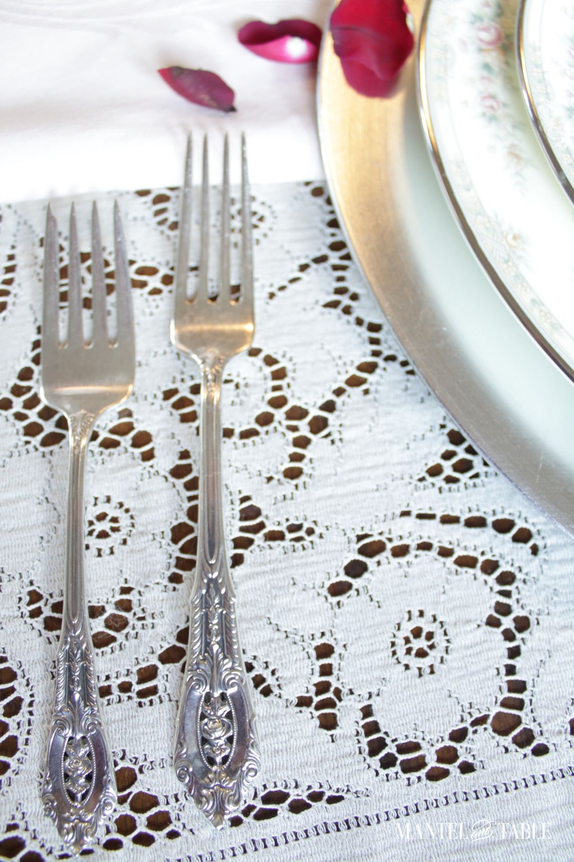 Valentines Tablescape Double Date ~ Closeup of plate stack & forks