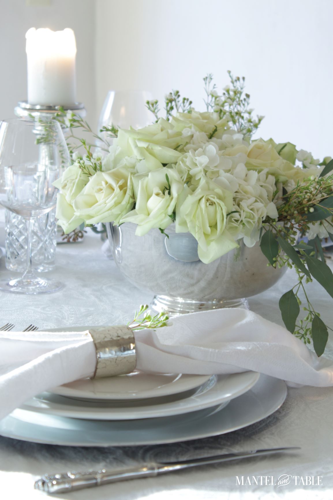 An Elegant St Patrick's Day Table setting with Green rose flower arrangement