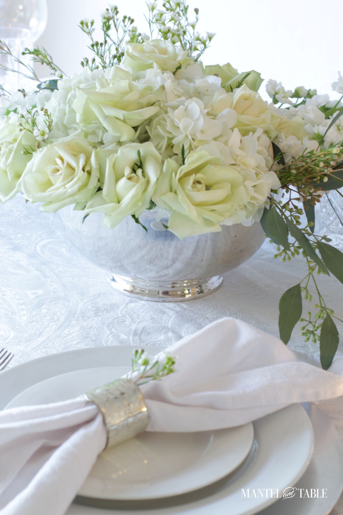 An Elegant St Patrick's Day Table ~ Closeup of flower arrangement and place setting