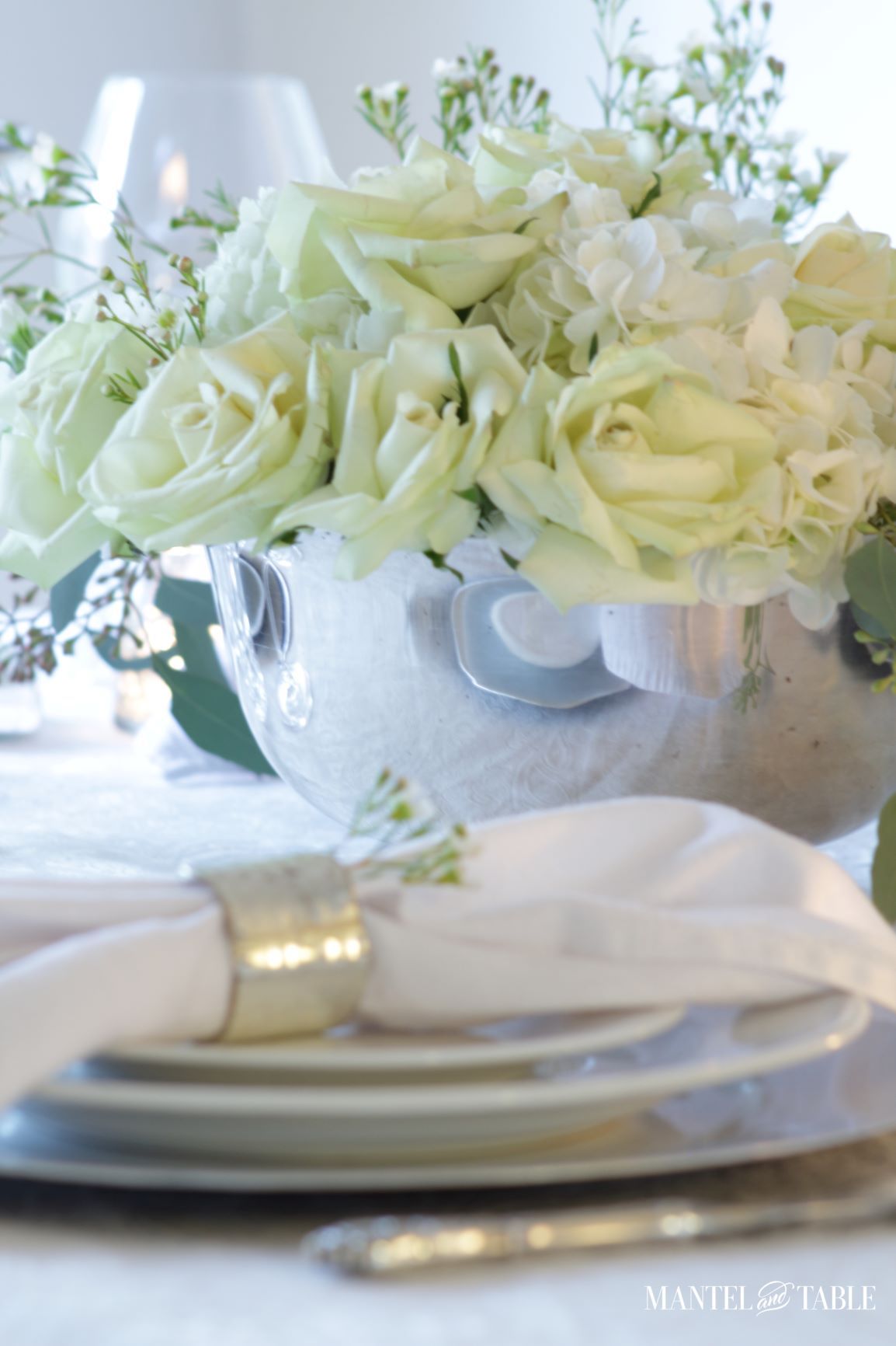 An Elegant St Patrick's Day Table ~ closeup of pale green roses in silver bowl