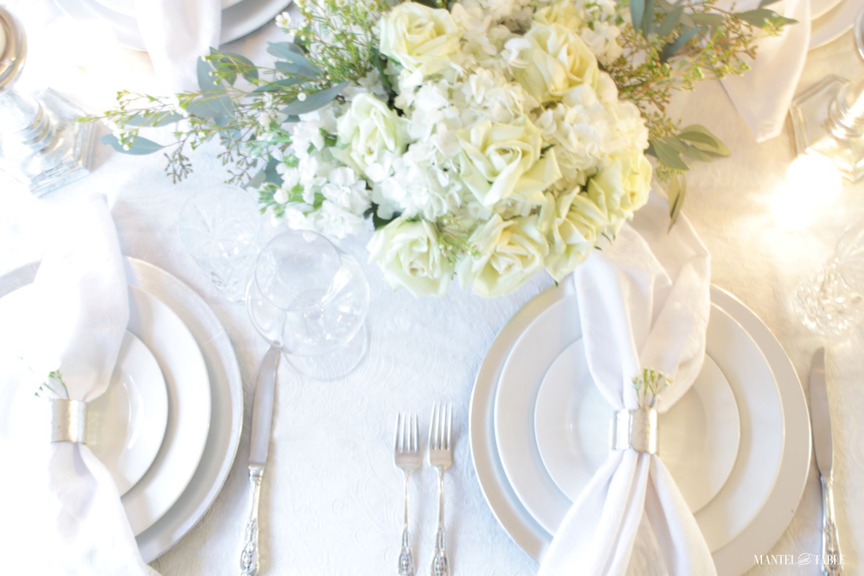 An Elegant St Patrick's Day Table ~ Top down view of place settings and roses