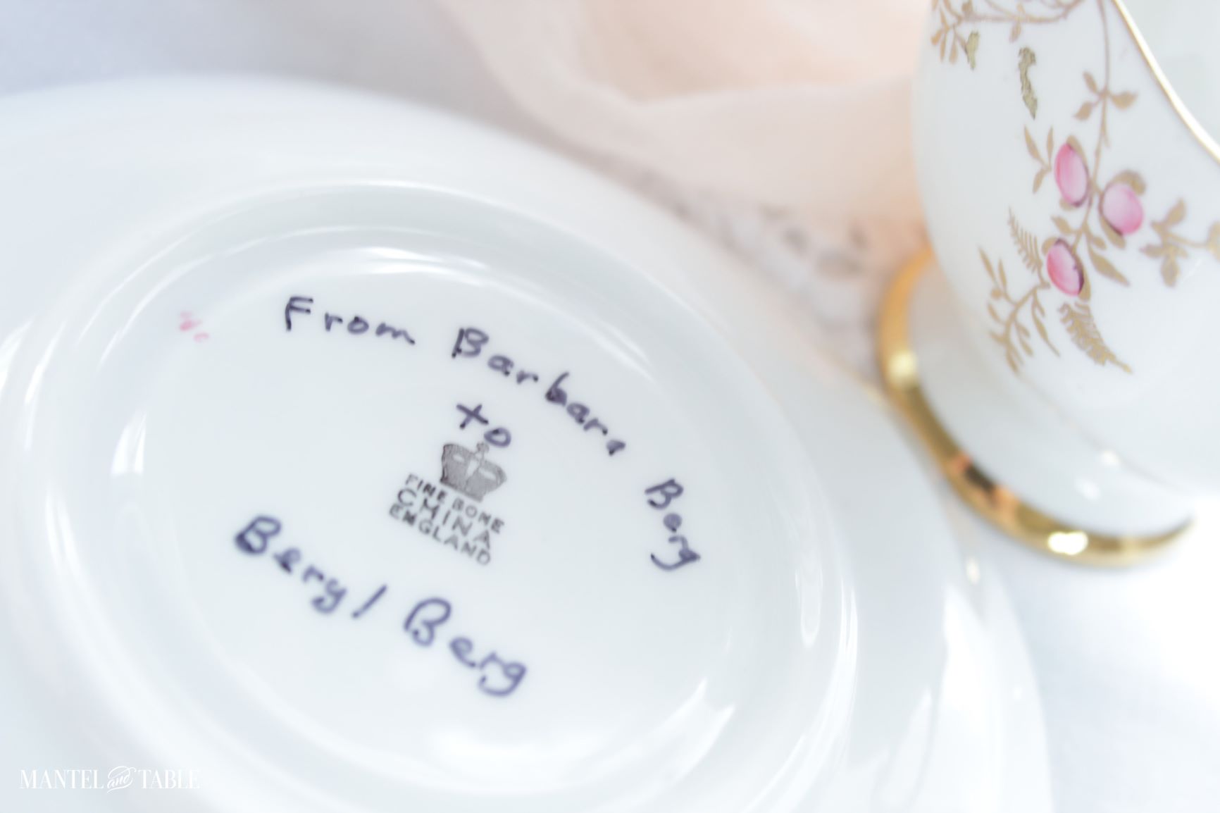 Gift inscription on bottom of saucer