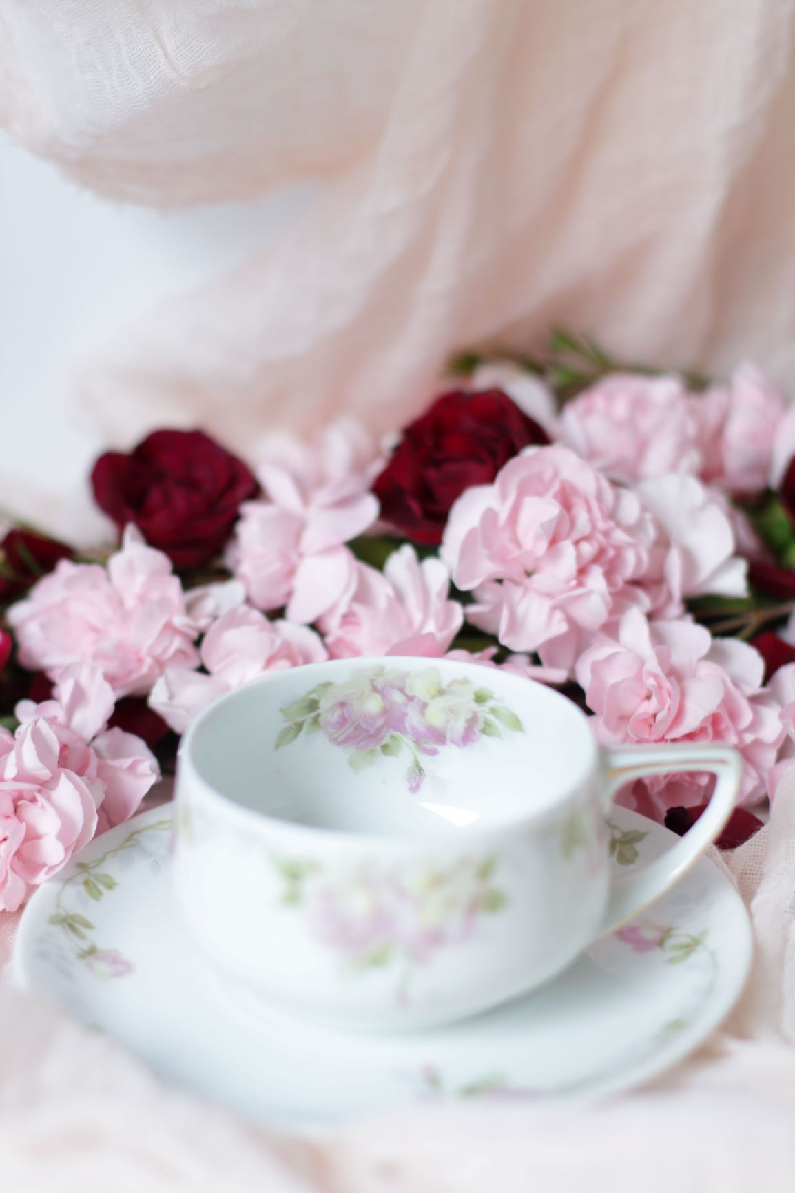 Teacup on saucer with pink flowers