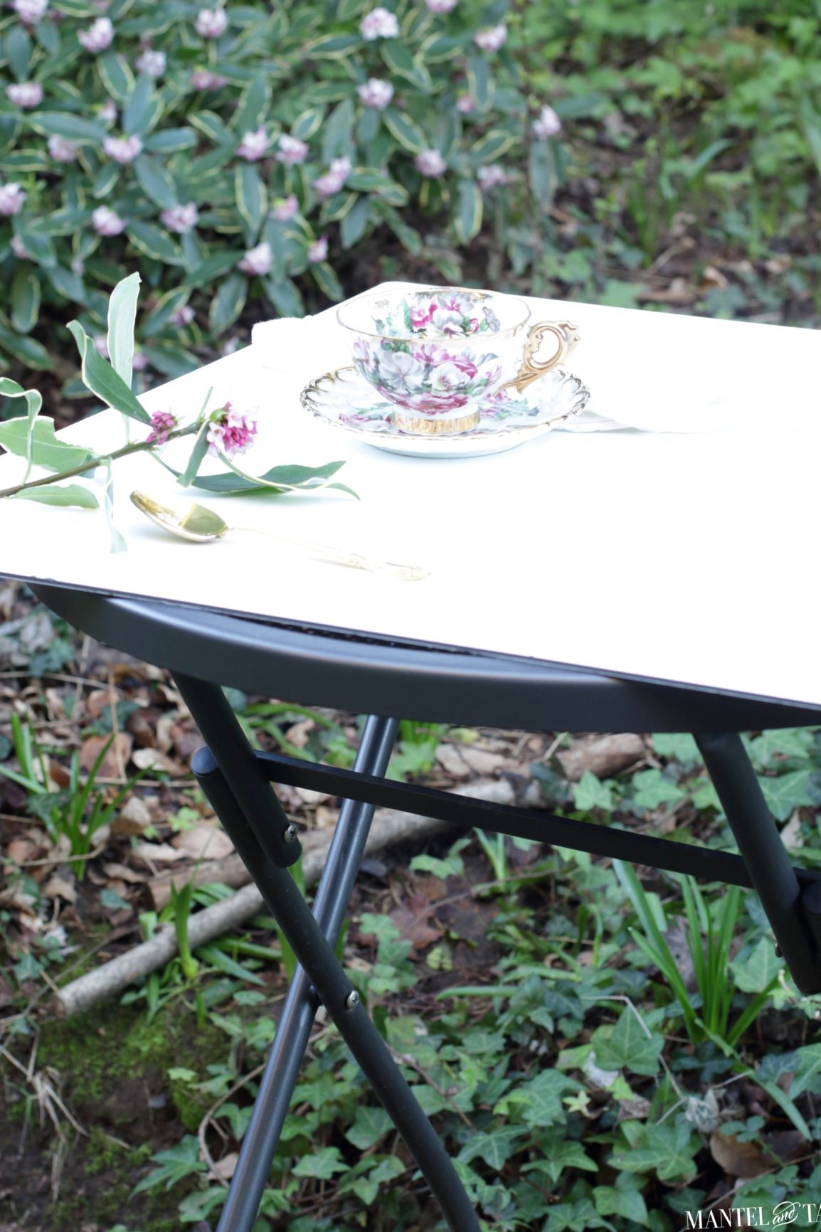 Teacup on white panel on table in the woods