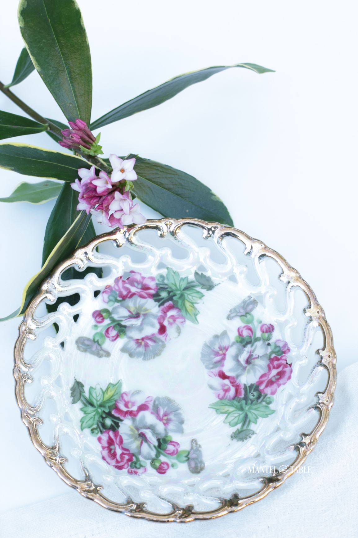 Iridescent saucer with S shaped cutouts around the edge