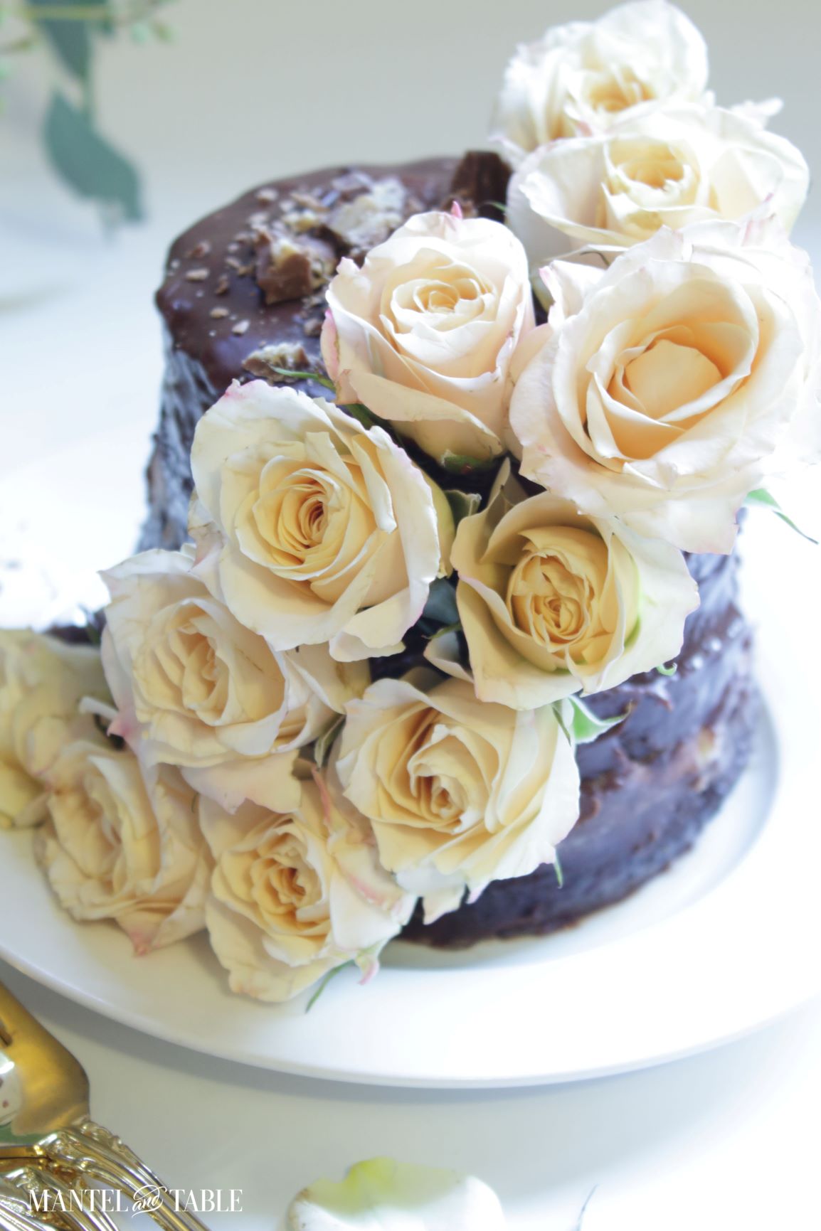 Chocolate cake and cream roses