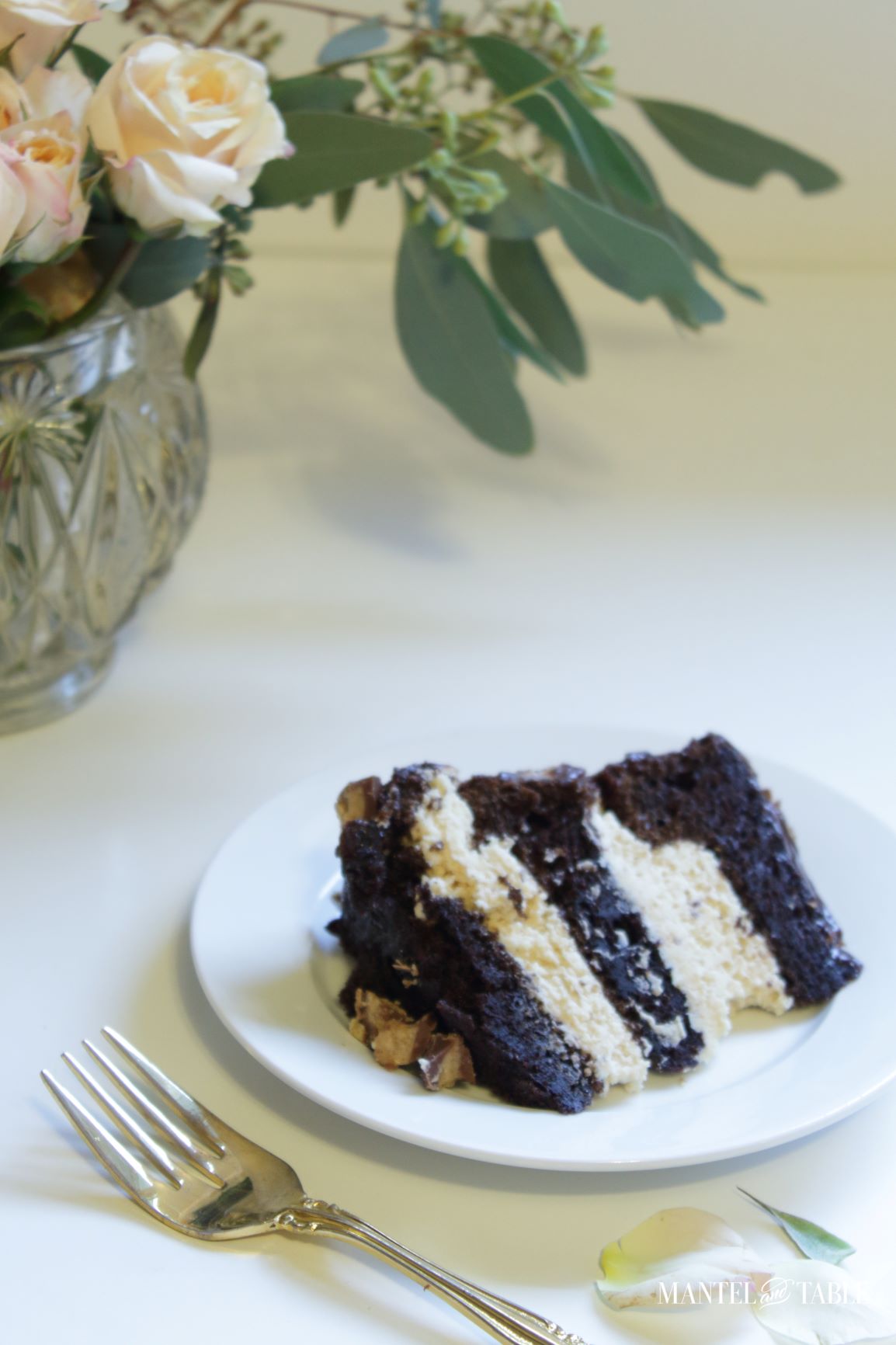 Slice of cake on white plate