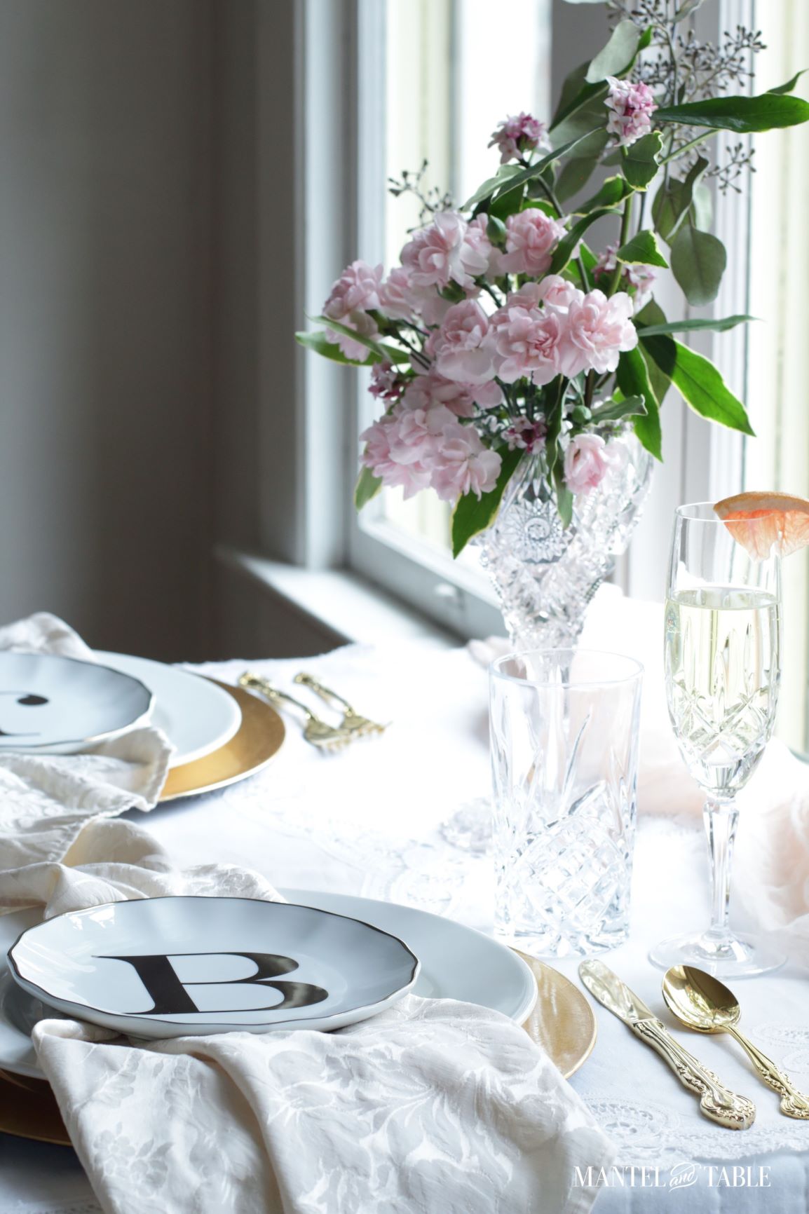 Valentines Brunch Tablescape ~ flowers in crystal vase