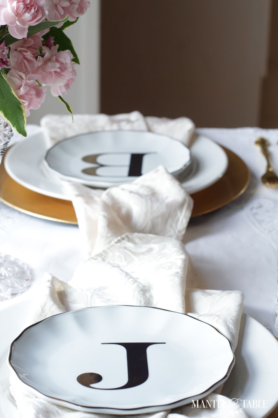 Valentines Brunch Tablescape ~ monogram plates closeup