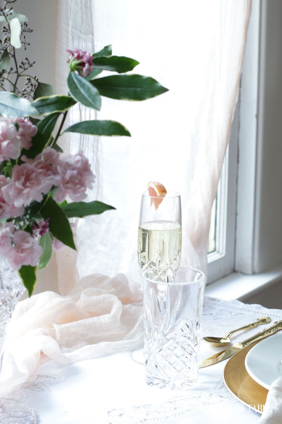 Valentines Brunch Tablescape ~ crystal and flowers