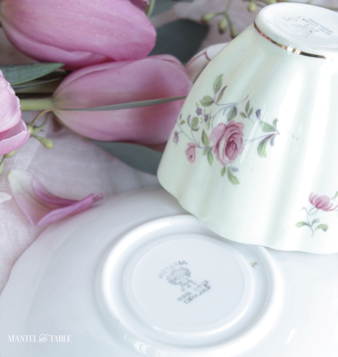 saucer backstamp with pink tulips and overturned teacup