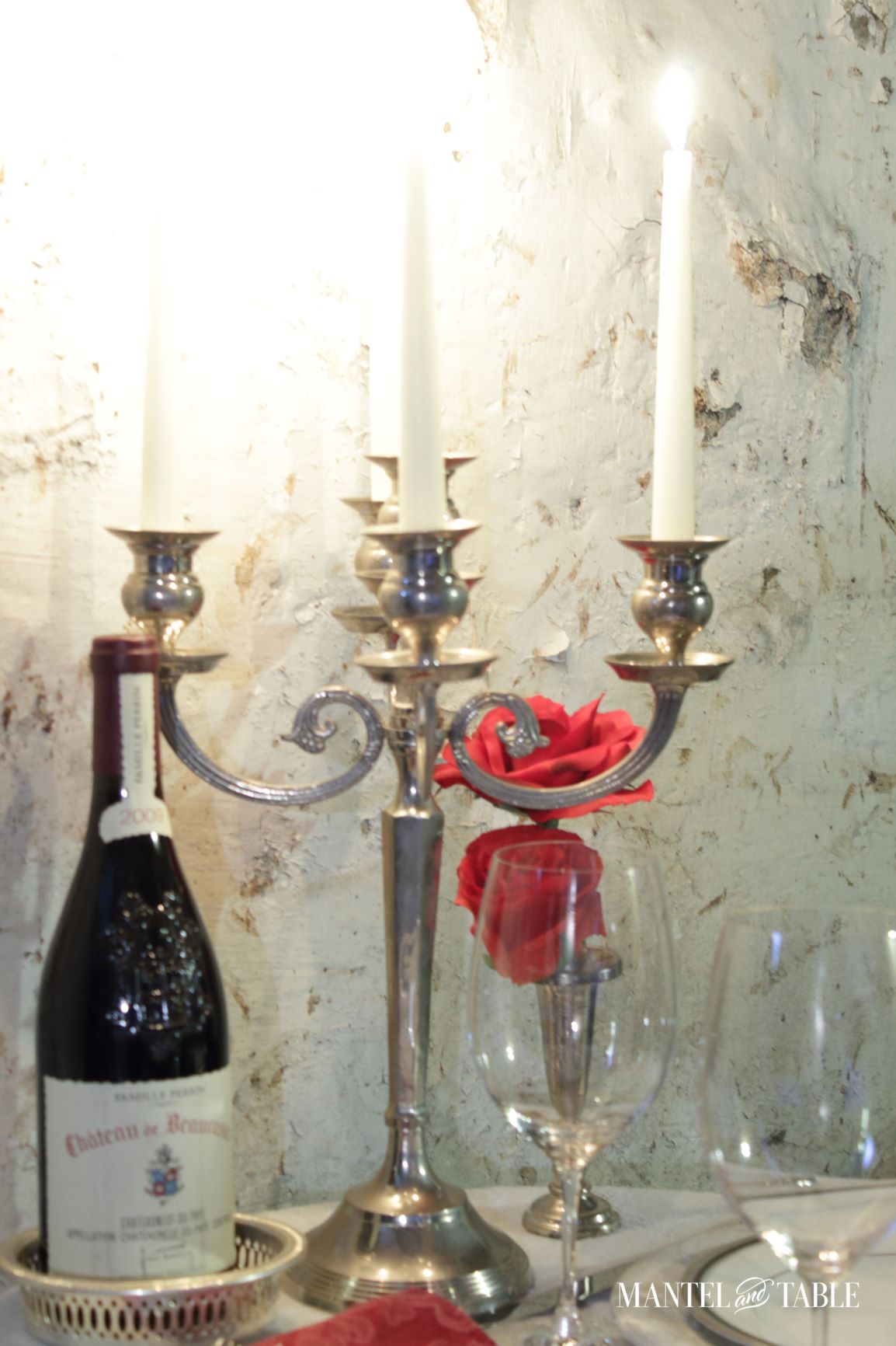 Wine Cellar Dinner ~ Candelabra and wine bottle on the table