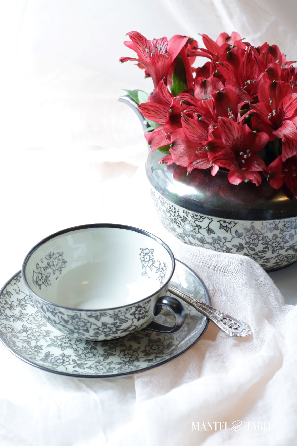 Johann Haviland Black & White Teacup with matching teapot & red flowers