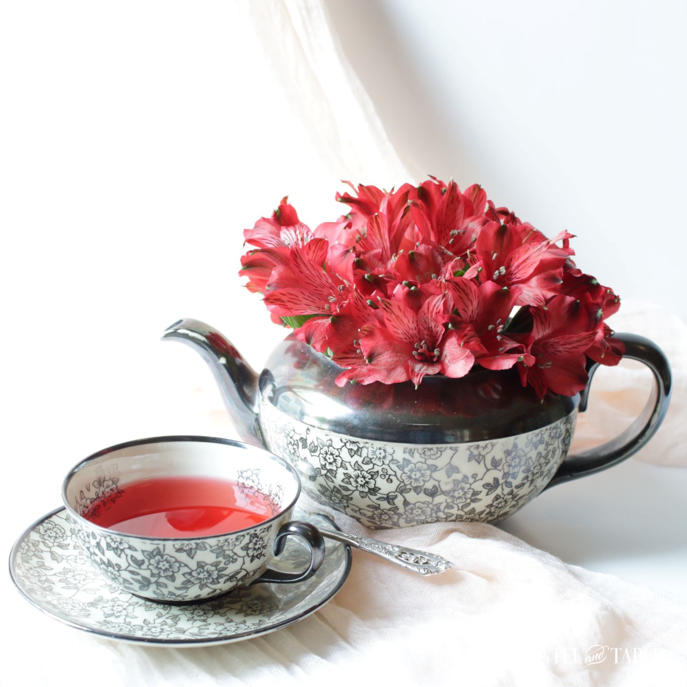 Johann Haviland Black & White Teacup, Teapot, and red flowers