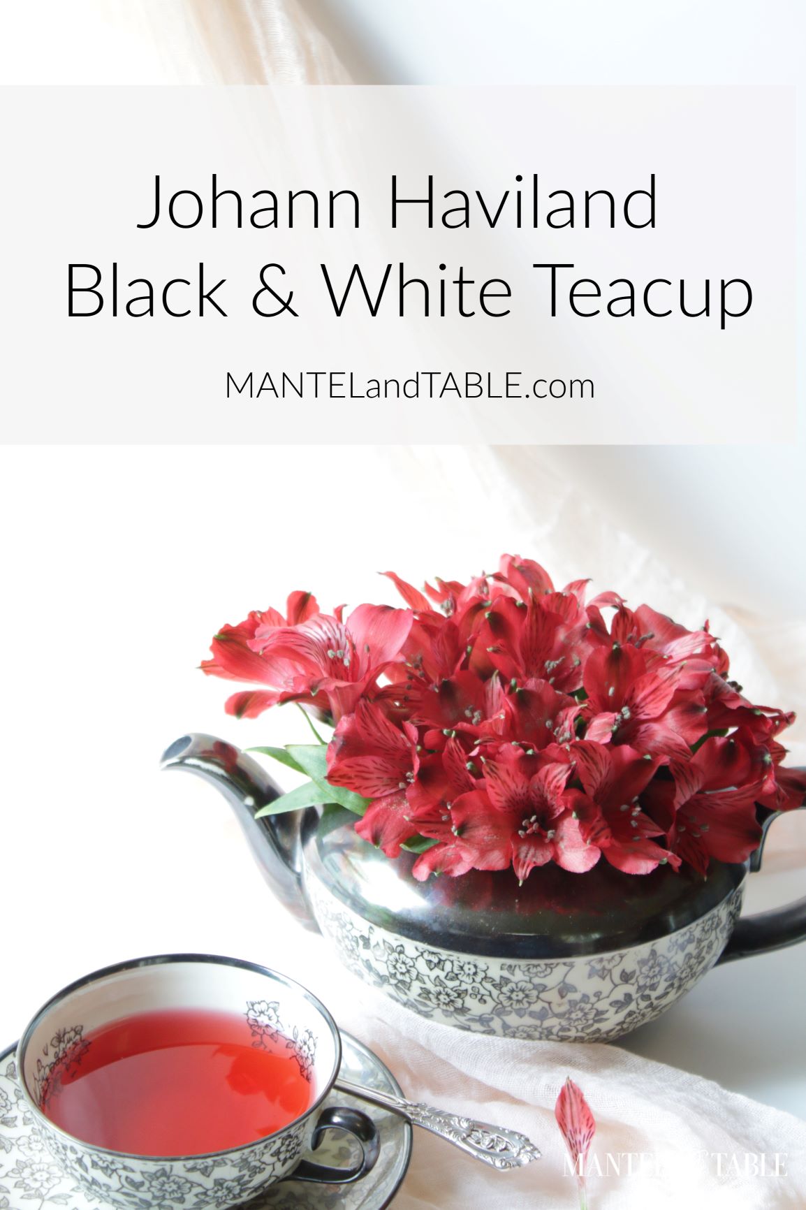 Johann Haviland Black & White Teacup Pinterest photo with title banner
