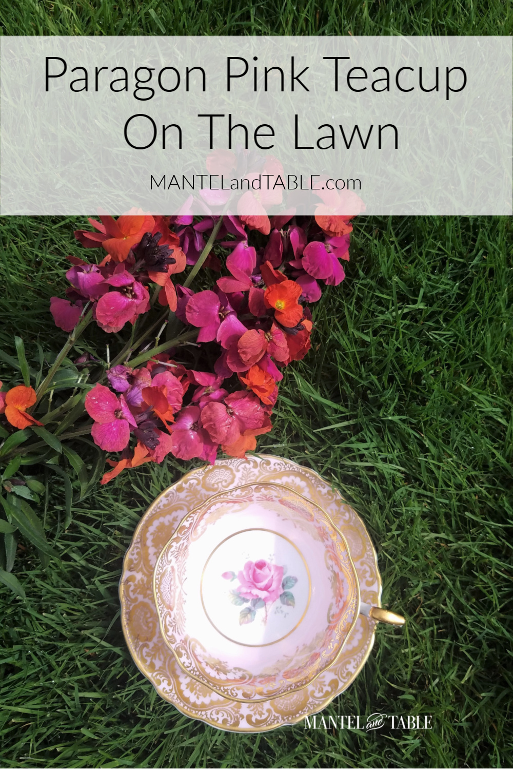 Teacup and flowers on the lawn with Pinterest banner