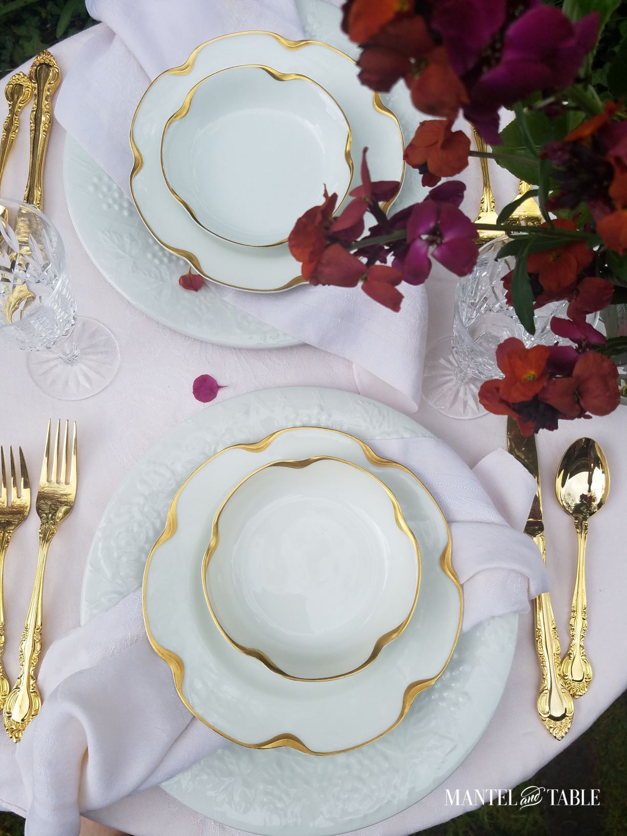 Pink table setting view from above