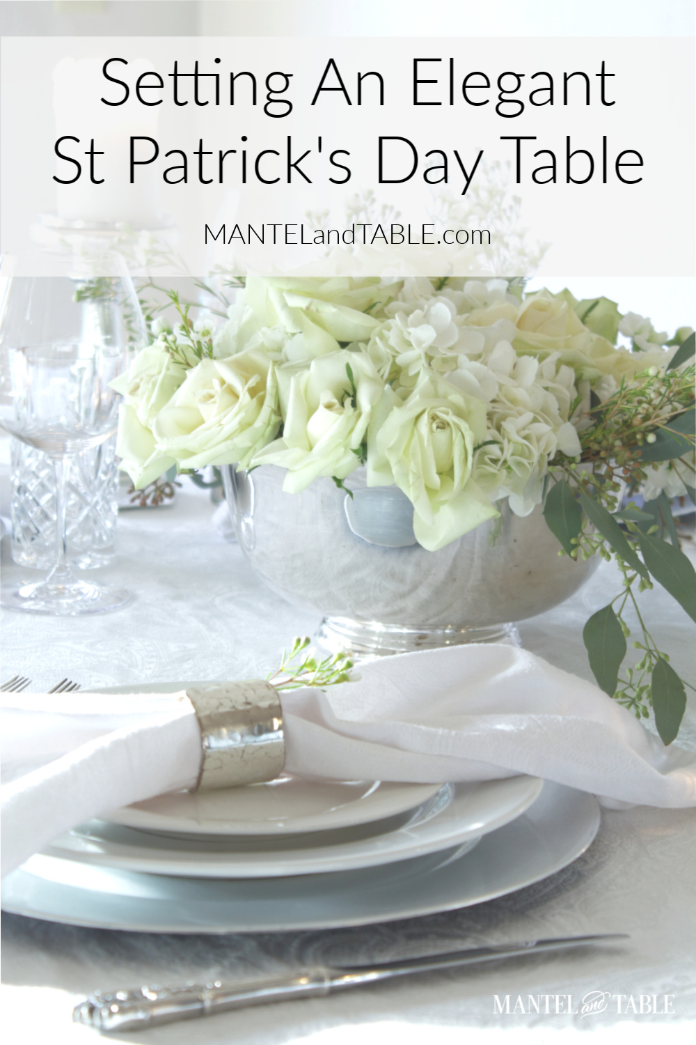 An Elegant St Patrick's Day Table ~ Closeup of place setting and flowers.