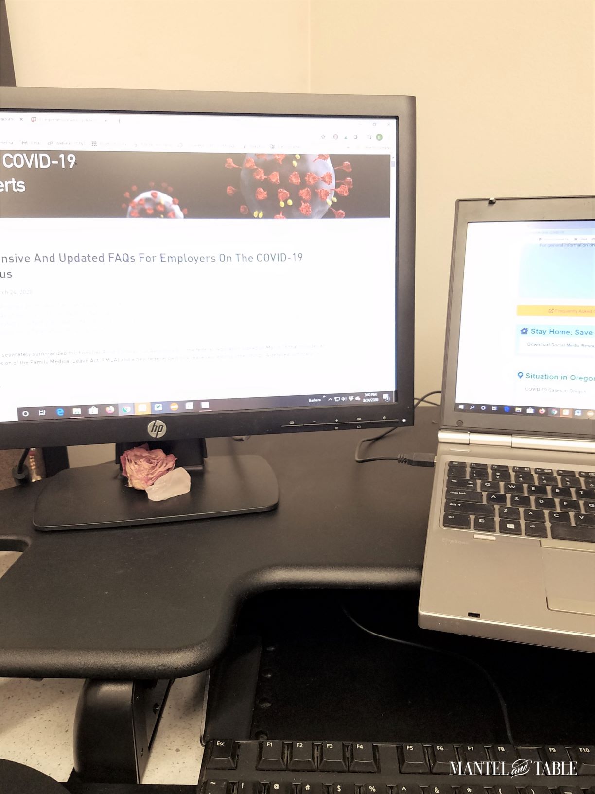 Computer monitor and laptop on desk, both showing COVID 19 information