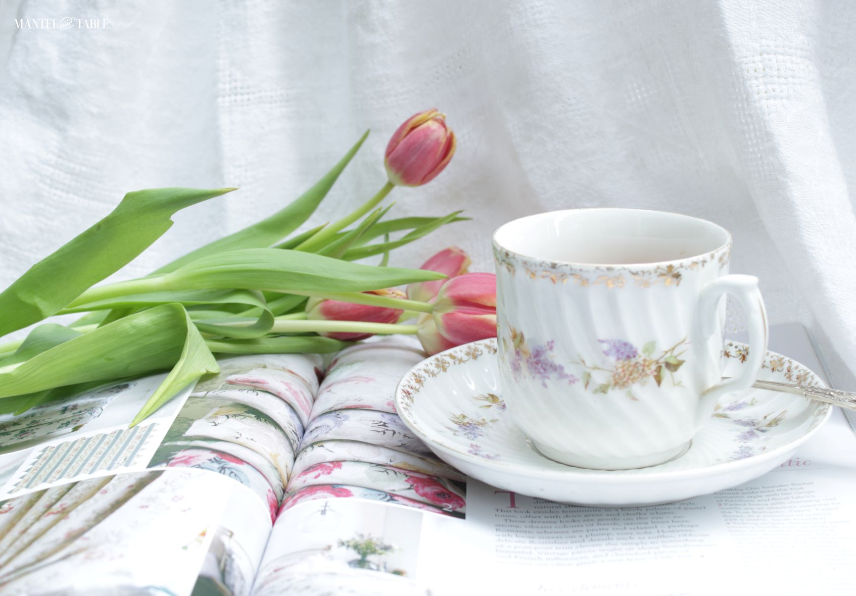 Teacup and saucer on magazine wide view