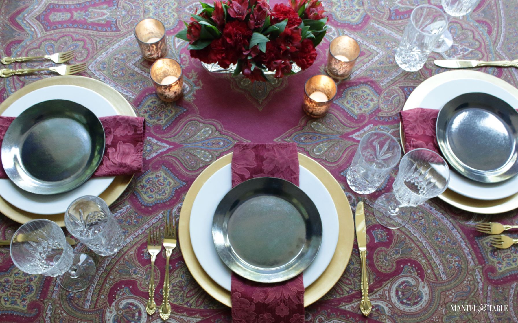 Cozy tablescape ~ three place settings, view from above