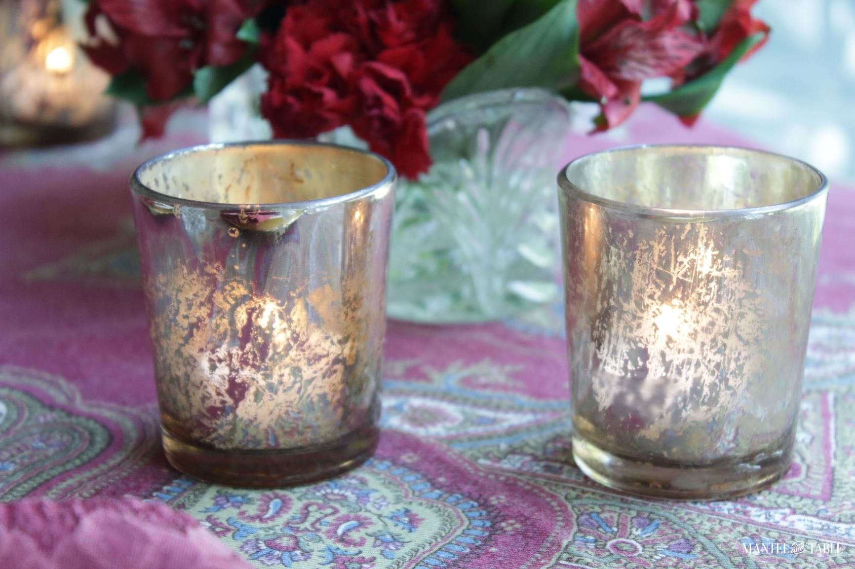 Cozy tablescape ~ closeup of gold votive candle holders