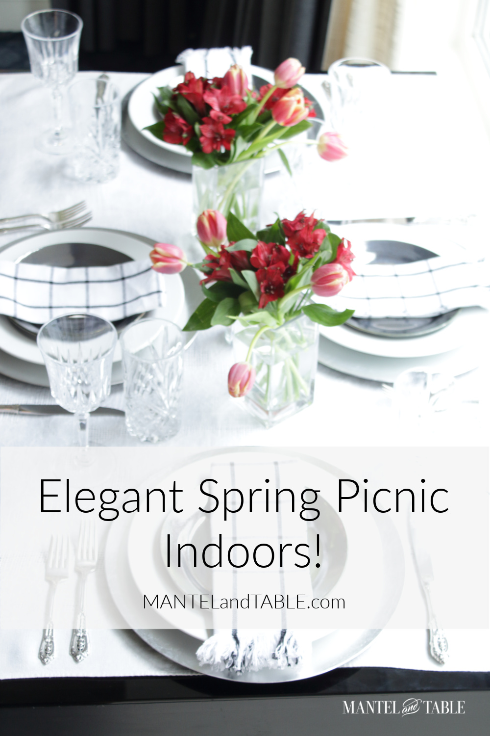 Elegant Spring Picnic tablescape full table with Pinterest banner