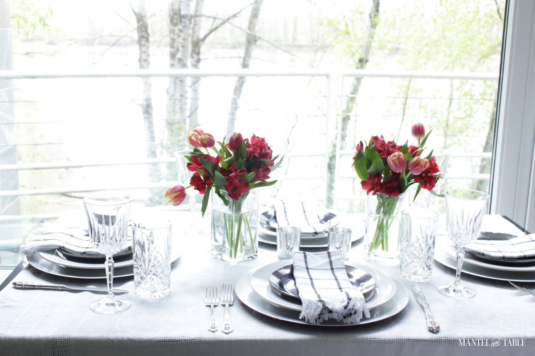 Elegant Spring Picnic tablescape side view and trees out the window
