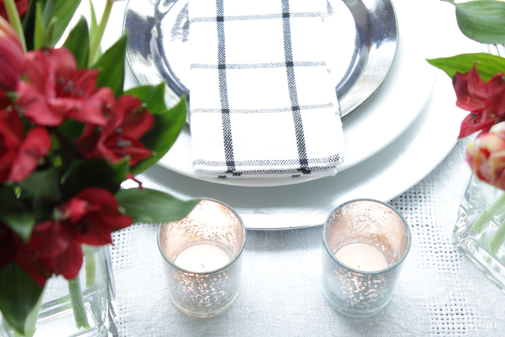 Elegant Spring Picnic tablescape closeup of candles