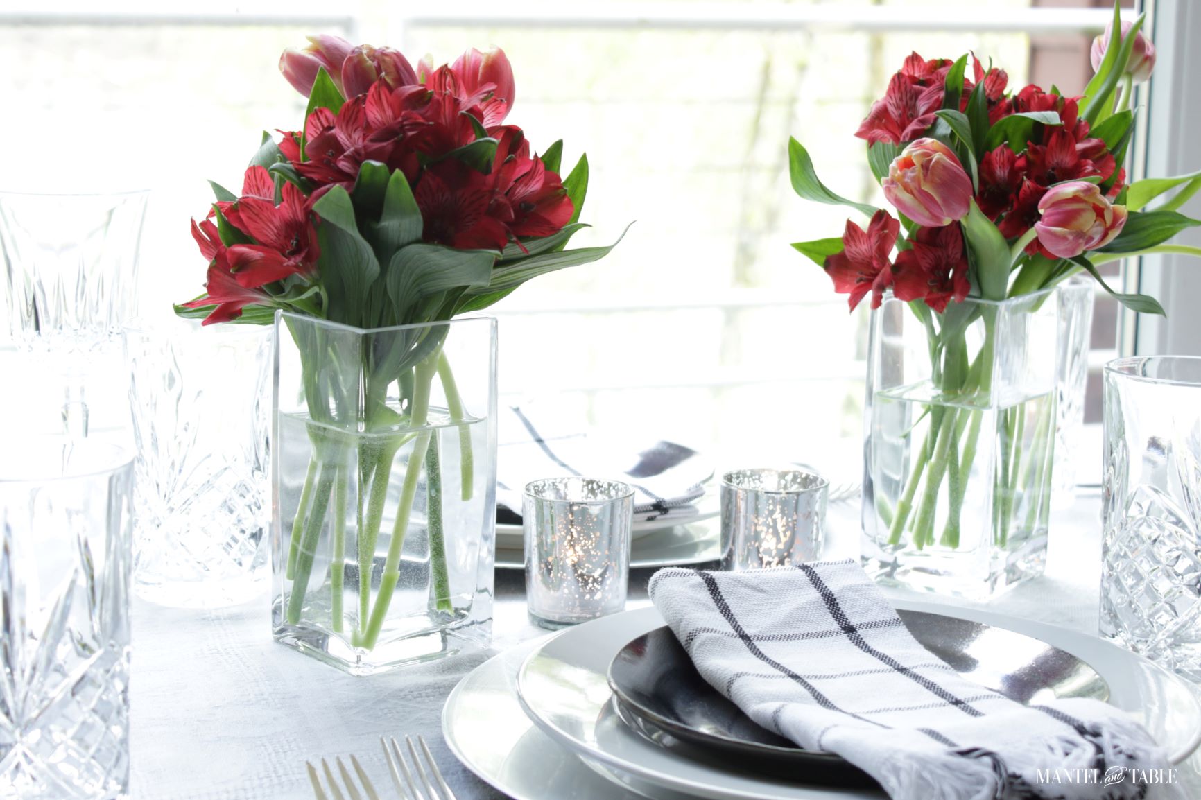 Elegant Spring Picnic tablescape place setting and flower arrangements