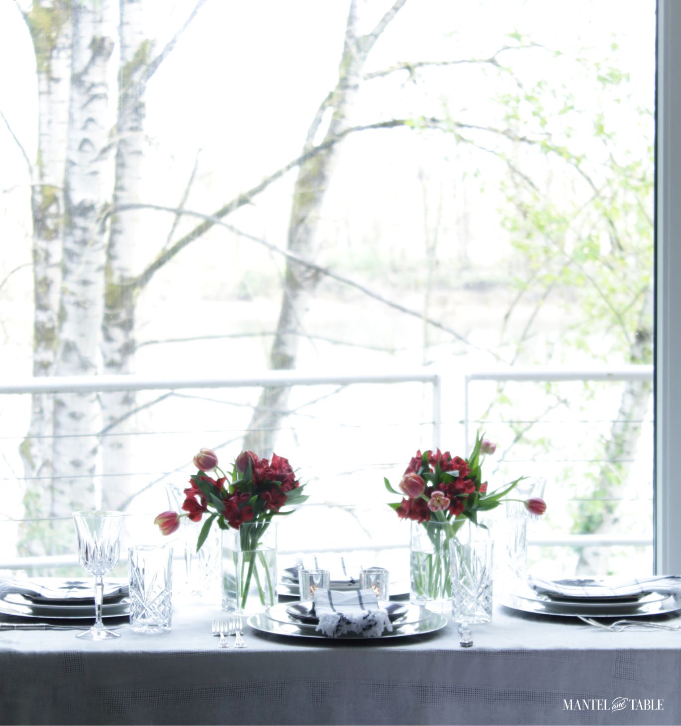Elegant Spring Picnic tablescape side view and river