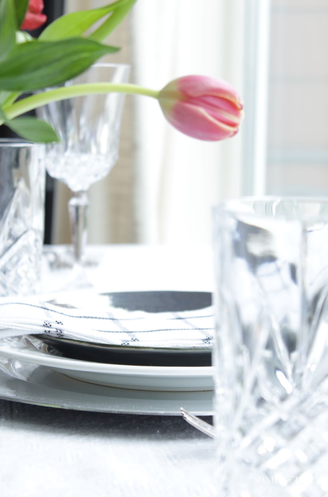 Elegant Spring Picnic tablescape Placesetting close up with tulip