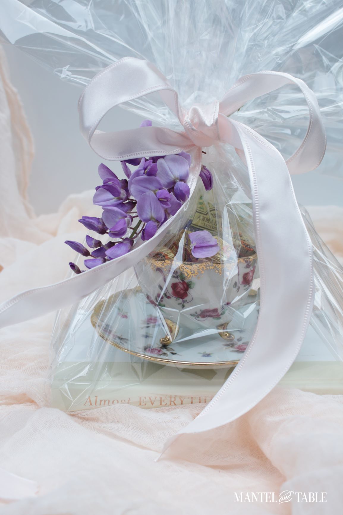 Gift wrapped teacup and saucer