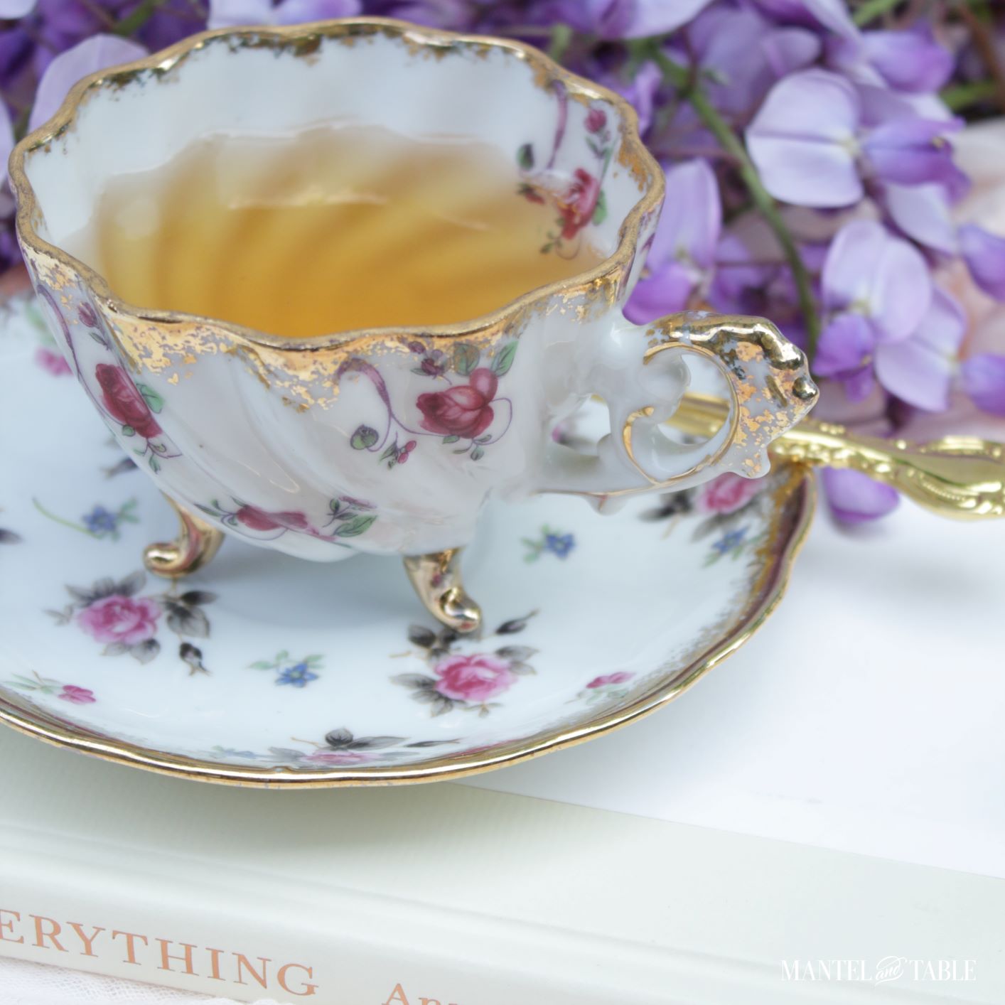 7 Teacup gift ideas ~ Cup with tea viewed from above.