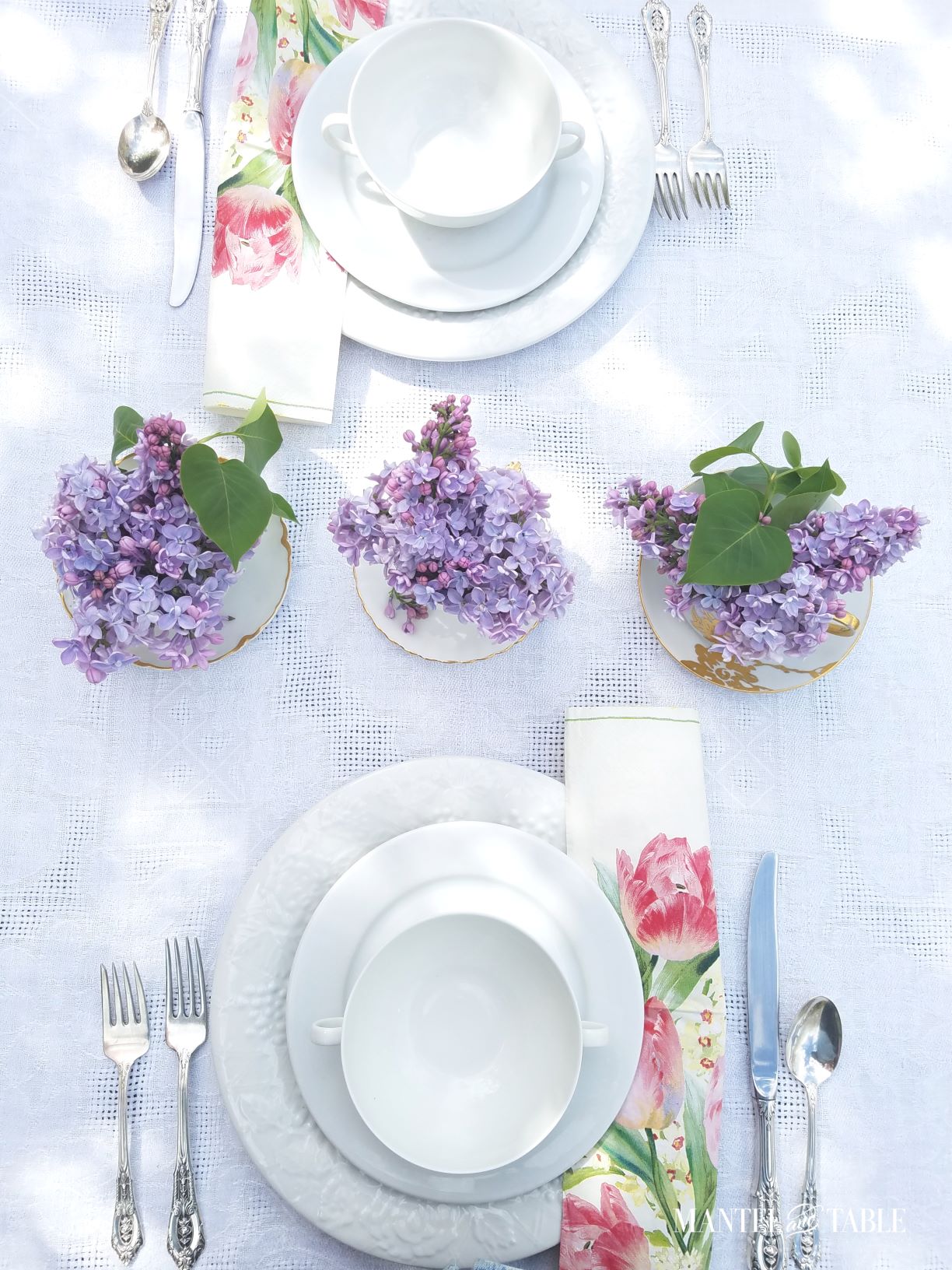 Teacup & lilac centerpiece from above