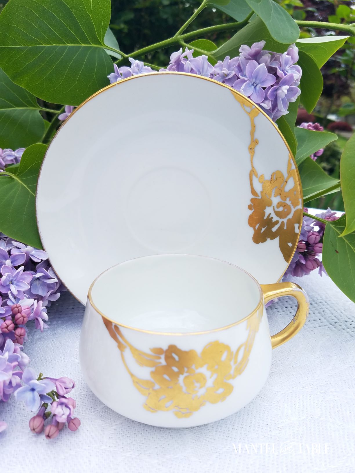 White and gold teacup and saucer
