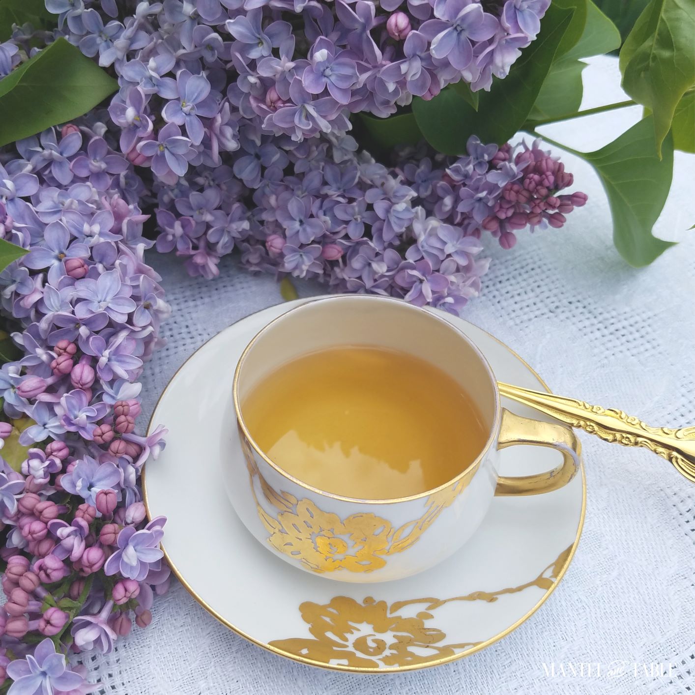 White and gold teacup with lilacs