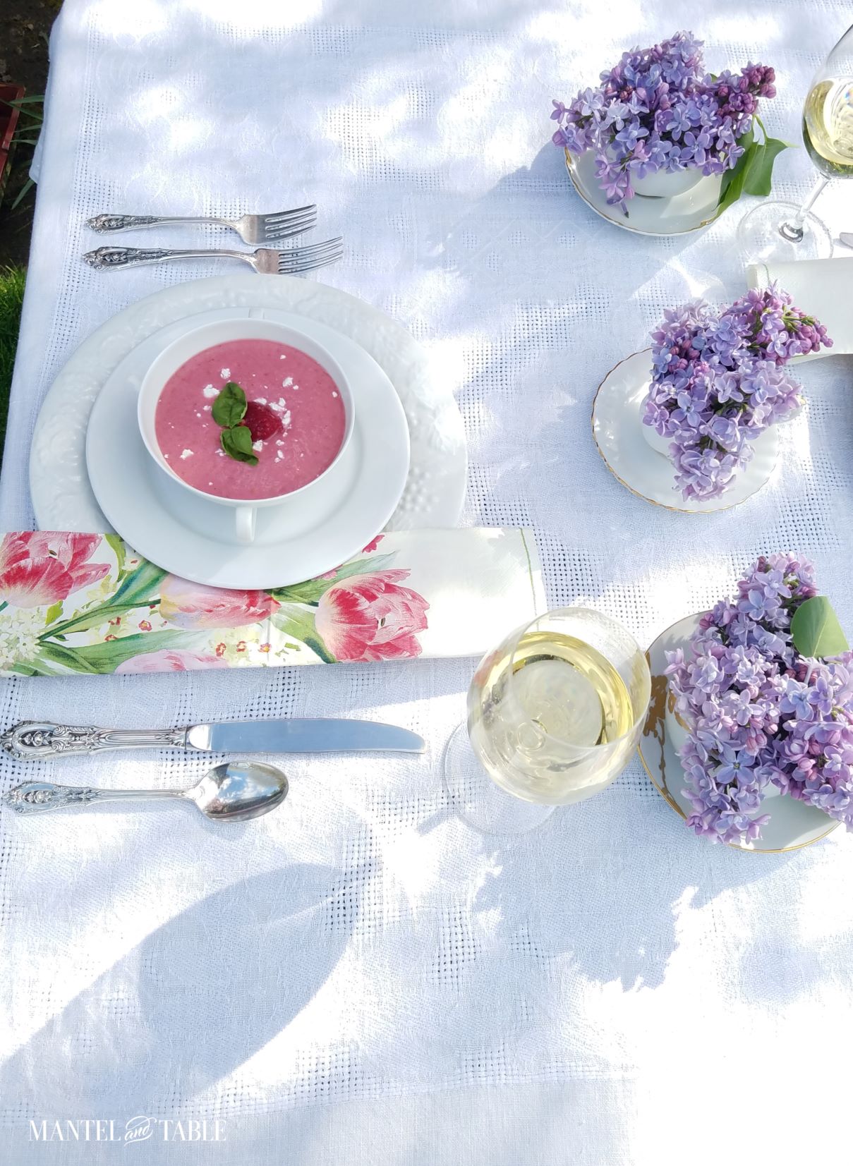Bright spring tablescape ~ top view with berry soup