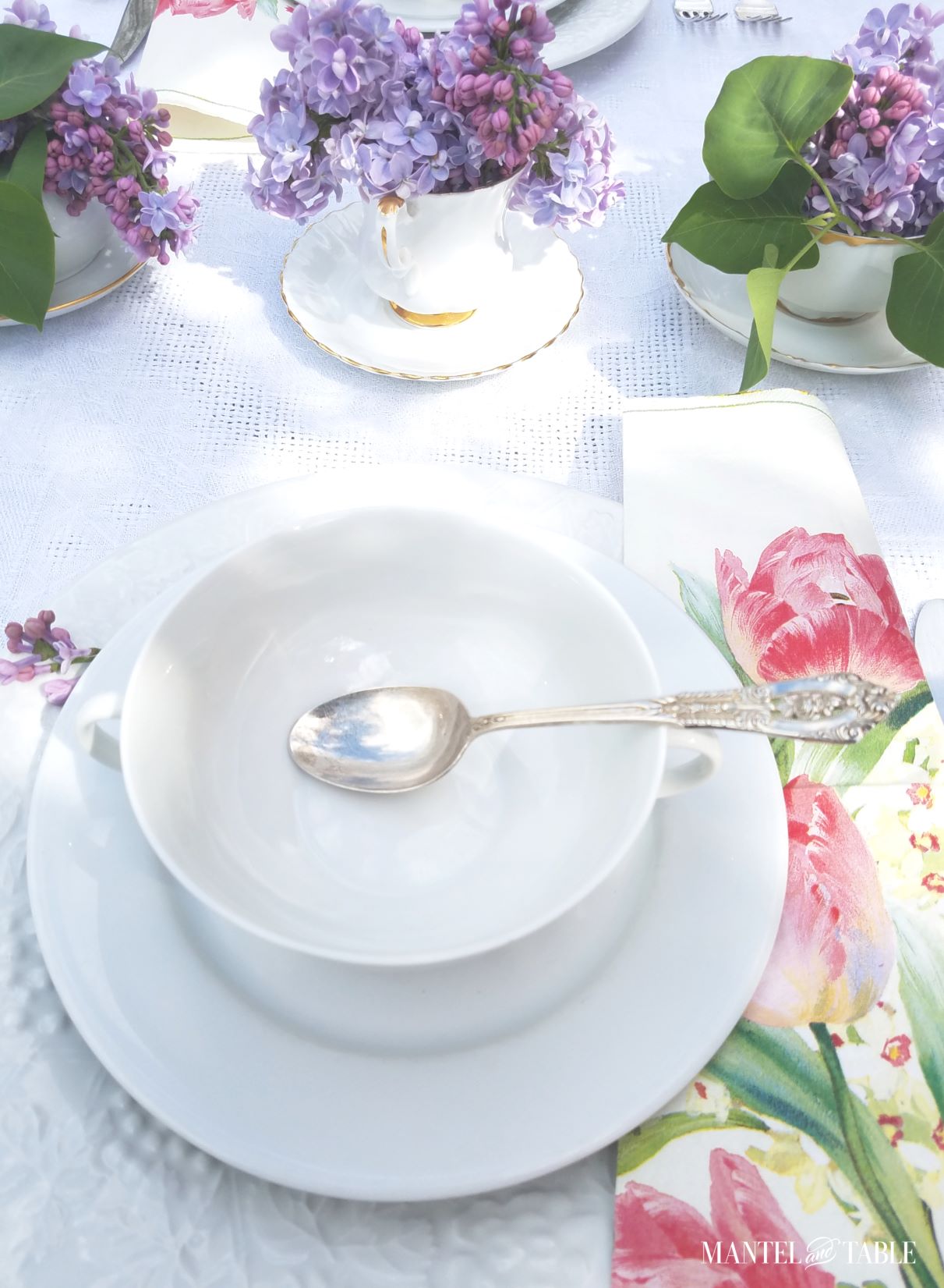 Bright spring tablescape ~ closeup of table with light and shadows
