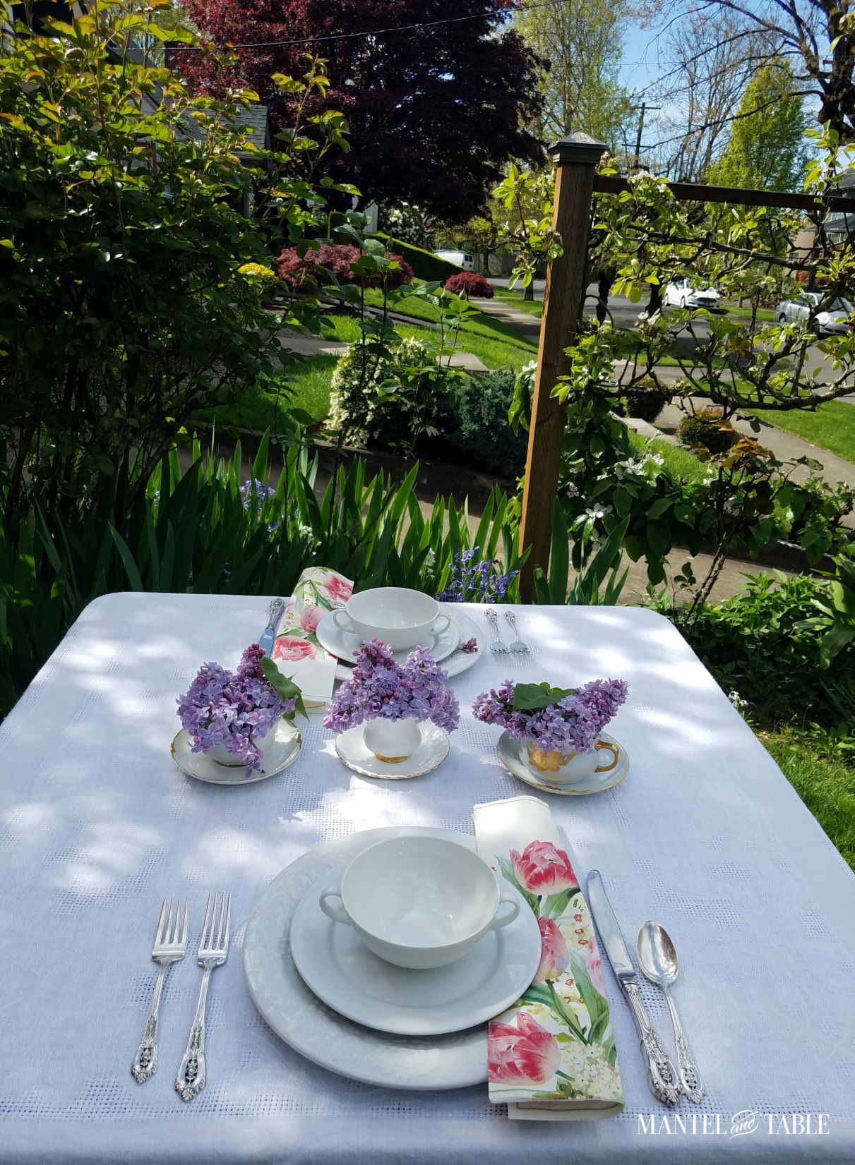 Bright spring tablescape ~ full view of table with neighborhood beyond