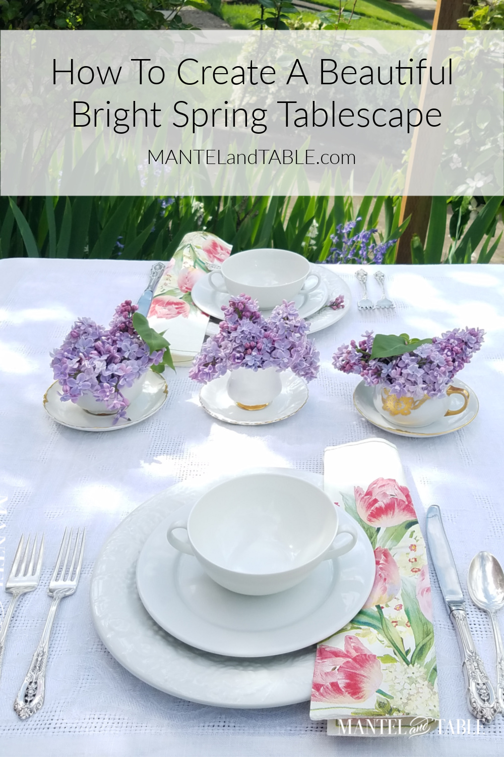 Bright spring tablescape ~ full table with Pinterest banner