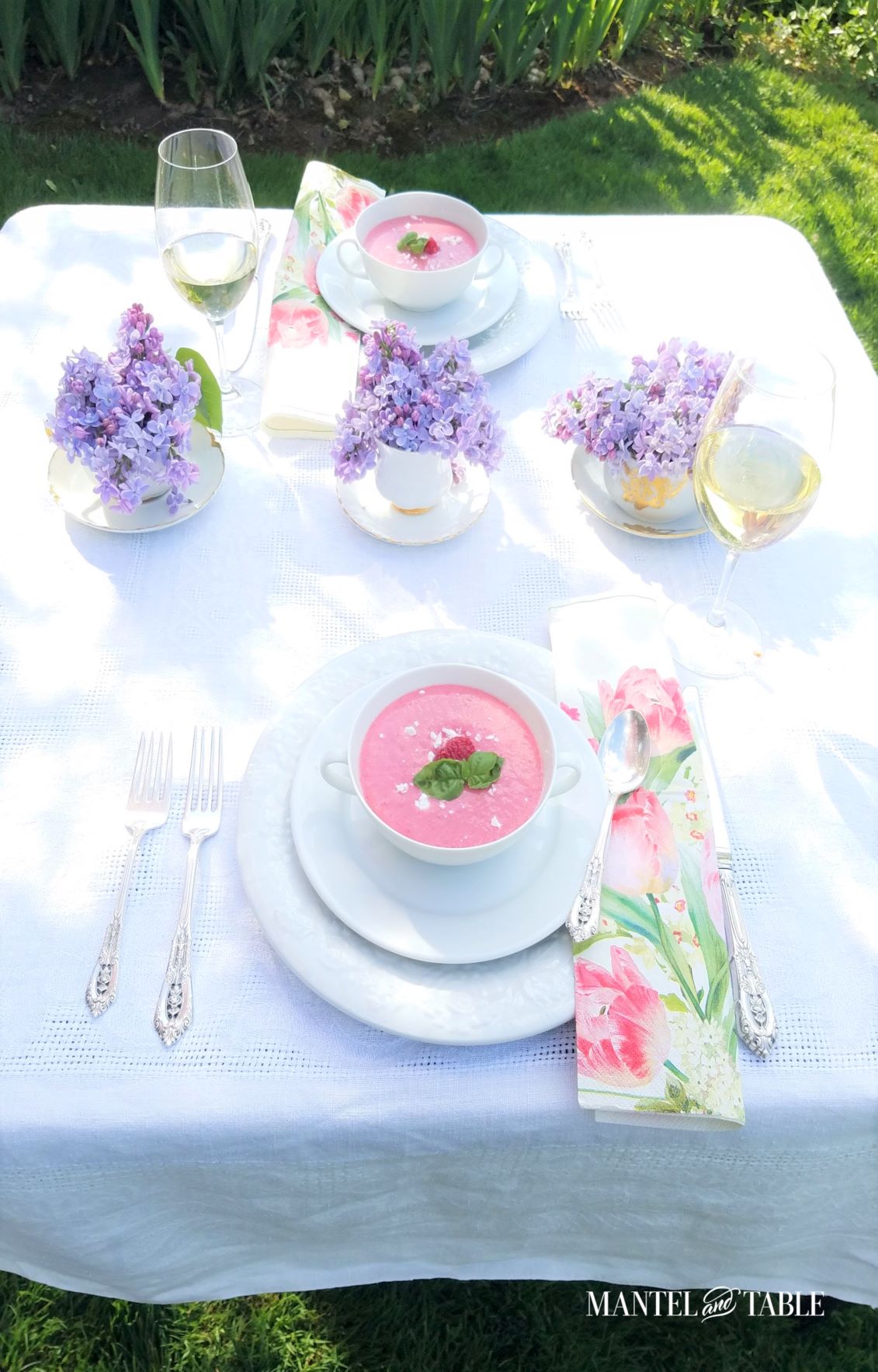White spring tablescape, chilled pink raspberry soup and white wine