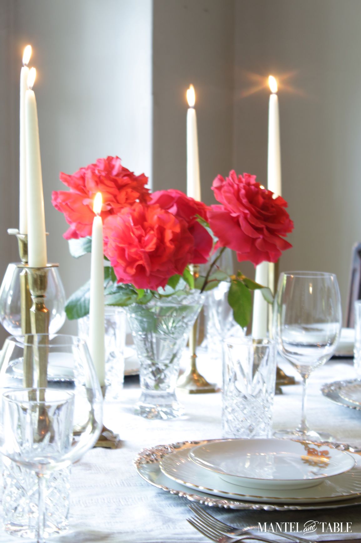 Red Rose Tablescape with candles lit