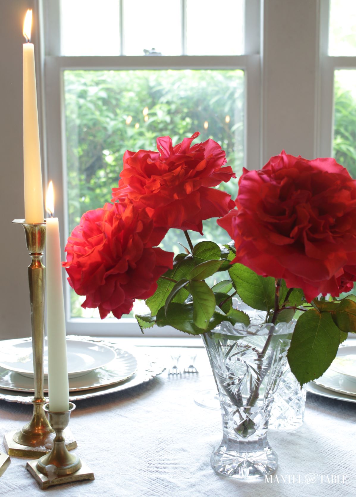 Garden roses centerpiece and candles