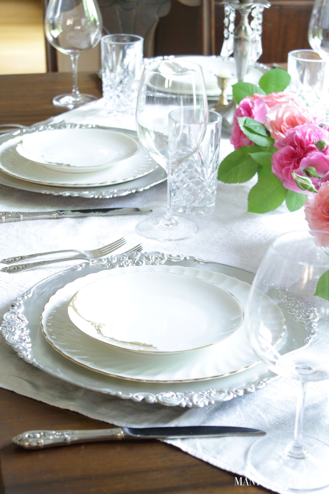 Silver and Gold Table Setting ~ View of centerpiece and placesettings