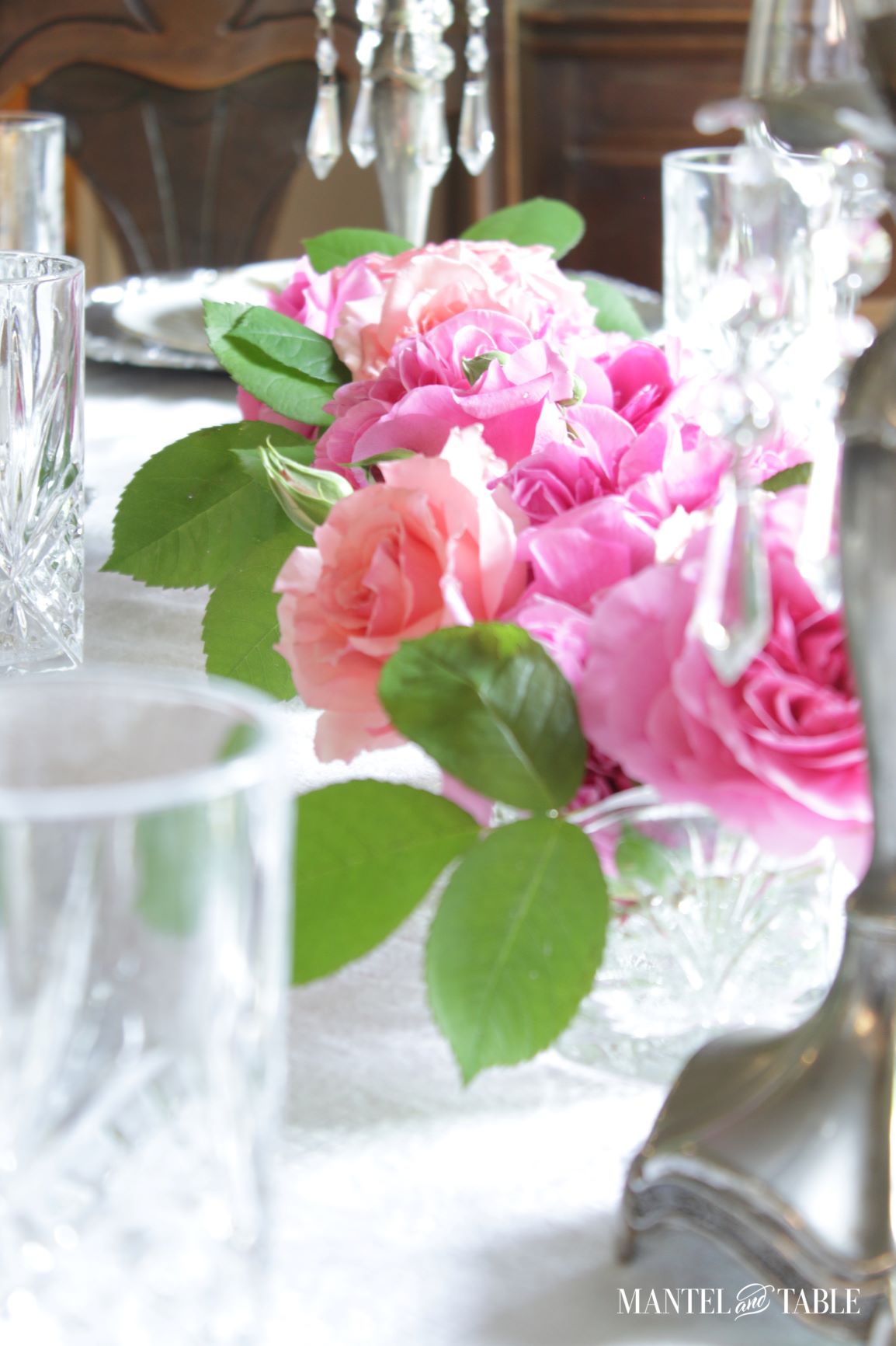 Silver and Gold Table Setting ~ centerpiece of pink roses