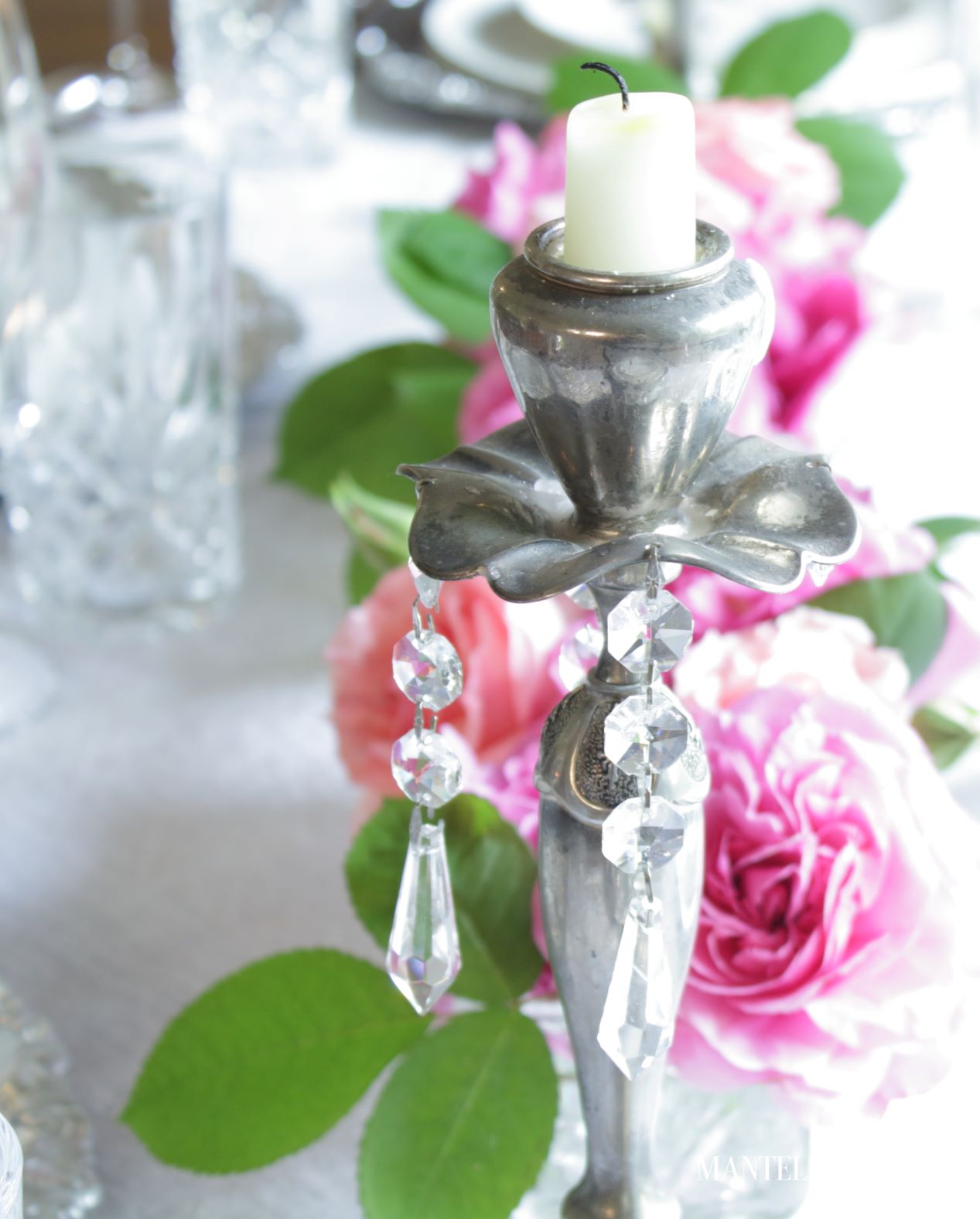 Silver and Gold Table Setting ~ closeup of crystals on candlesticks