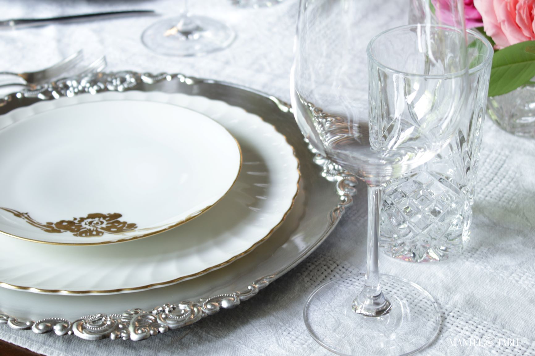 Silver and Gold Table Setting ~ plates and glasses