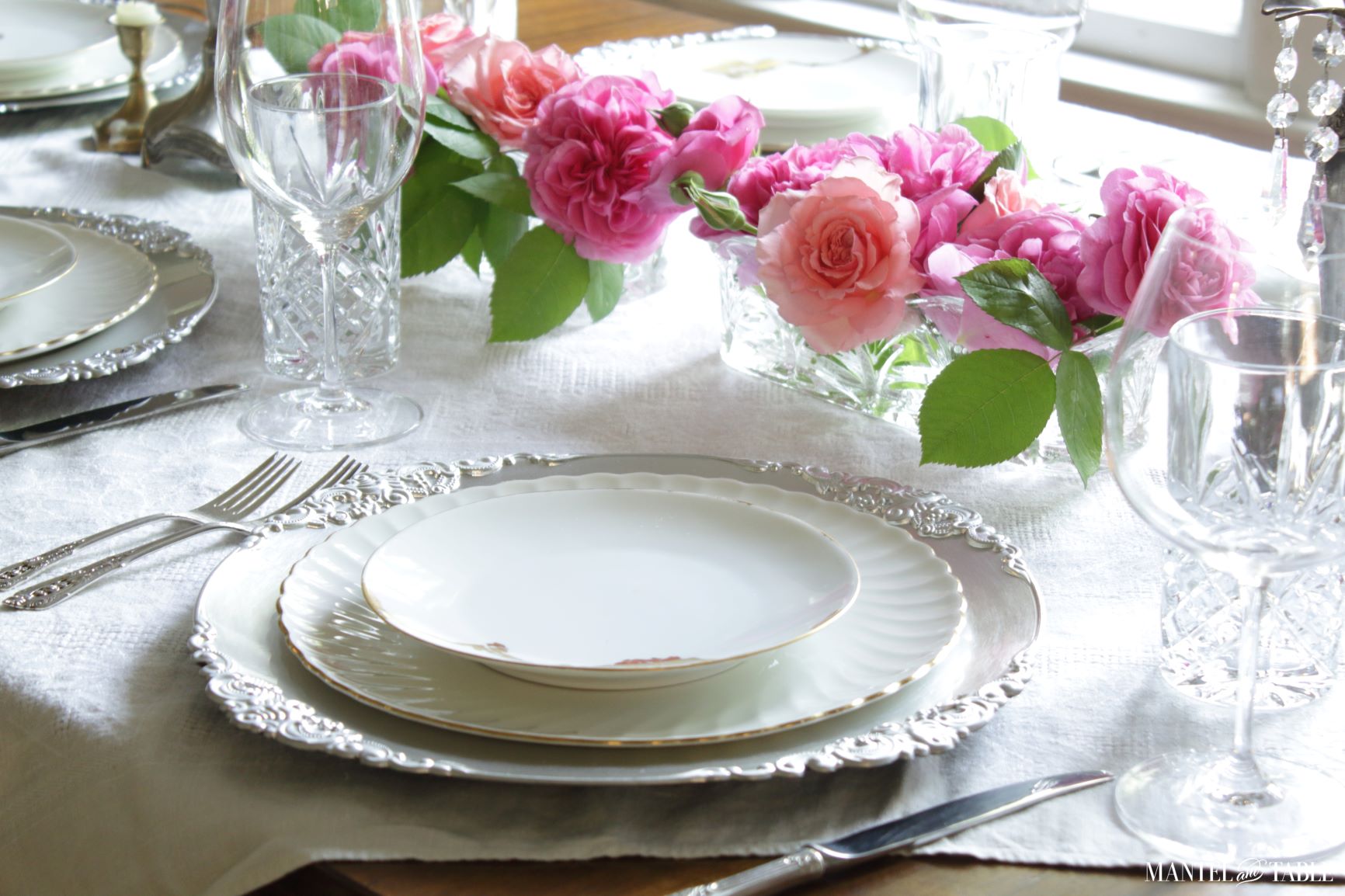 Silver and Gold Table Setting ~ with pink rose centerpieces